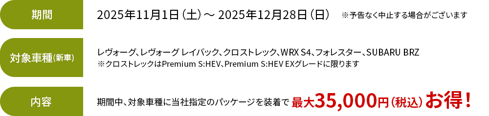 期間：2025年11月1日（土）～ 2025年12月28日（日）※予告なく中止する場合がございます 対象車種（新車）：レヴォーグ、レヴォーグ レイバック、クロストレック SHEV、WRX S4、フォレスター、SUBARU BRZ 内容：期間中、対象車種に当社指定のパッケージを装着で 最大35,000円（税込）お得！