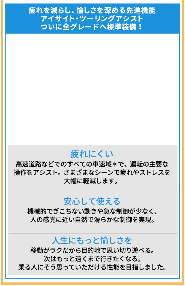 疲れを減らし、愉しさを深める先進機能：アイサイト・ツーリングアシスト ついに全グレードへ標準装備！疲れにくい 高速道路などでのすべての車速域＊で、運転の主要な操作をアシスト。さまざまなシーンで疲れやストレスを大幅に軽減します。安心して使える 機械的でぎこちない動きや急な制御が少なく、人の感覚に近い自然で滑らかな制御を実現。人生にもっと愉しさを 移動がラクだから目的地で思い切り遊べる。次はもっと遠くまで行きたくなる。乗る人にそう思っていただける性能を目指しました。