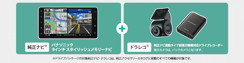 純正ナビ※ パナソニック 9インチ スタイリッシュメモリーナビ＋ドラレコ※純正ナビ連動タイプ前後方録画対応ドライブレコーダー 後方カメラは、バックカメラとなります。※ドライブパッケージの対象純正ナビ・ドラレコは、純正アクセサリーカタログに掲載のすべての機種が対象です。