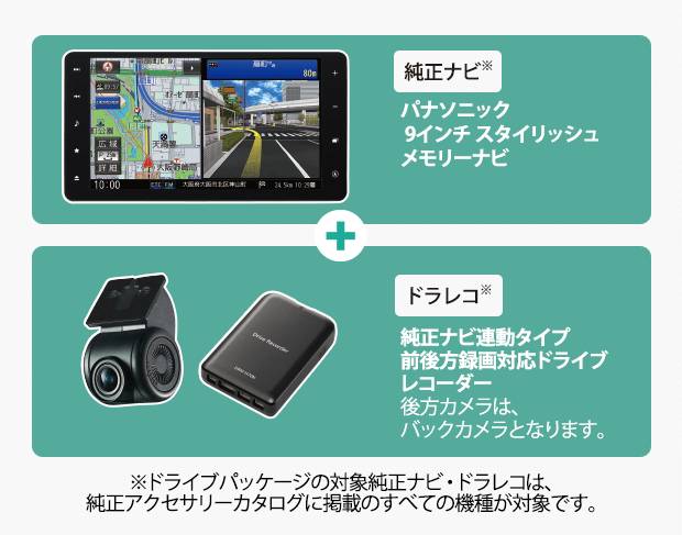 純正ナビ※ パナソニック 9インチ スタイリッシュメモリーナビ＋ドラレコ※純正ナビ連動タイプ前後方録画対応ドライブレコーダー 後方カメラは、バックカメラとなります。※ドライブパッケージの対象純正ナビ・ドラレコは、純正アクセサリーカタログに掲載のすべての機種が対象です。