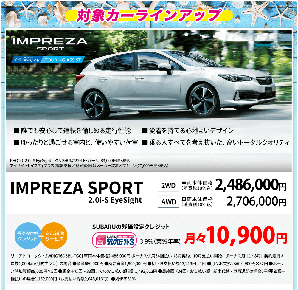 IMPREZA SPORT ■ 誰でも安心して運転を愉しめる走行性能 ■ 愛着を持てる心地よいデザイン ■ ゆったりと過ごせる室内と、使いやすい荷室 ■ 乗る人すべてを考え抜いた、高いトータルクオリティ PHOTO：2.0i-S EyeSight　クリスタルホワイト・パール（33,000円高・税込） アイサイトセイフティプラス（運転支援／視界拡張）はメーカー装着オプション（77,000円高・税込） IMPREZA SPORT 2.0i-S EyeSight 2WD 車両本体価格(消費税10％) 2,486,000円 AWD 車両本体価格(消費税10％) 2,706,000円 SUBARUの残価設定クレジット 3.9%（実質年率)月々10,900円 リニアトロニック・2WD[GT6D5BL-TGC] 車両本体価格2,486,000円 ボーナス併用34回払い（8月契約、10月支払い開始、ボーナス月［1・8月］契約走行キロ数1,000km/月間プラン）の場合 ●頭金686,000円 ●所要資金1,800,000円 ●初回お支払い額13,213円×1回 ●月々お支払い額10,900円×32回 ●ボーナス時加算額89,000円×5回 ●頭金＋初回～33回までのお支払い額合計1,493,013円 ●最終回（34回）お支払い額：新車代替・車両返却の場合0円/残価額一括払いの場合1,152,000円（お支払い総額2,645,013円） ●残価率51%