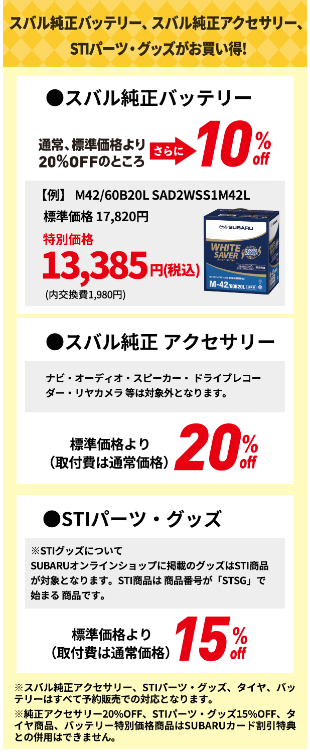 スバル純正バッテリー、スバル純正アクセサリー、STIパーツ・グッズがお買い得! ●スバル純正バッテリー 通常、標準価格より20％OFFのところ さらに10%ooff 【例】 M42/60B20L SAD2WSS1M42L 標準価格 17,820円 特別価格 13,385円(税込) (内交換費1,980円)  ●スバル純正 アクセサリー 標準価格より （取付費は通常価格）20%off ナビ・オーディオ・スピーカー・ ドライブレコーダー・リヤカメラ 等は 対象外となります。 ●STIパーツ・グッズ 標準価格より （取付費は通常価格）15%off ※STIグッズについて SUBARUオンラインショップに掲載のグッズは STI商品が 対象となります。STI商品は 商品番 号が「STSG」で始まる 商品です。 ※スバル純正アクセサリー、STIパーツ・グッズ、タイヤ、バッテリーはすべて予約販売での対応となります。※純正アクセサリー20%OFF、STIパーツ・グッズ15%OFF、タイヤ商品、バッテリー特別価格商品はSUBARUカード割引特典との併用はできません。