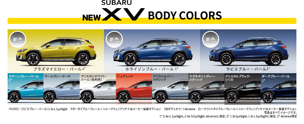 NEW SUBARU XV BODY COLORS 新色 プラズマイエロー・パール 1* 新色 ホライゾンブルー・パール 1* 新色 ラピスブルー・パール 2* ラグーンブルー・パール 1* クールグレーカーキ クリスタルホワイト・パール（有料色） ピュアレッド アイスシルバー・メタリック マグネタイトグレー・メタリック クリスタルブラック・シリカ ダークブルー・パール 1* PHOTO：（ラピスブルー・パール）1.6i-L EyeSight　ラダータイプルーフレール＋シャークフィンアンテナはメーカー装着オプション　（他ボディカラー）Advance　ローマウントタイプルーフレール＋シャークフィンアンテナはメーカー装着オプション 写真はすべてイメージです。1* 2.0e-L EyeSight、2.0e-S EyeSight、Advanceに設定、2* 1.6i EyeSight、1.6i-L EyeSightに設定、3* Advance限定