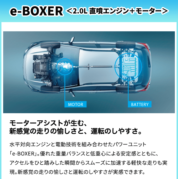 e-BOXER ＜2.0L 直噴エンジン＋モーター＞モーターアシストが生む、新感覚の走りの愉しさと、運転のしやすさ。水平対向エンジンと電動技術を組み合わせたパワーユニット「e-BOXER」。優れた重量バランスと低重心による安定感とともに、アクセルをひと踏みした瞬間からスムーズに加速する軽快な走りも実現。新感覚の走りの愉しさと運転のしやすさが実感できます。