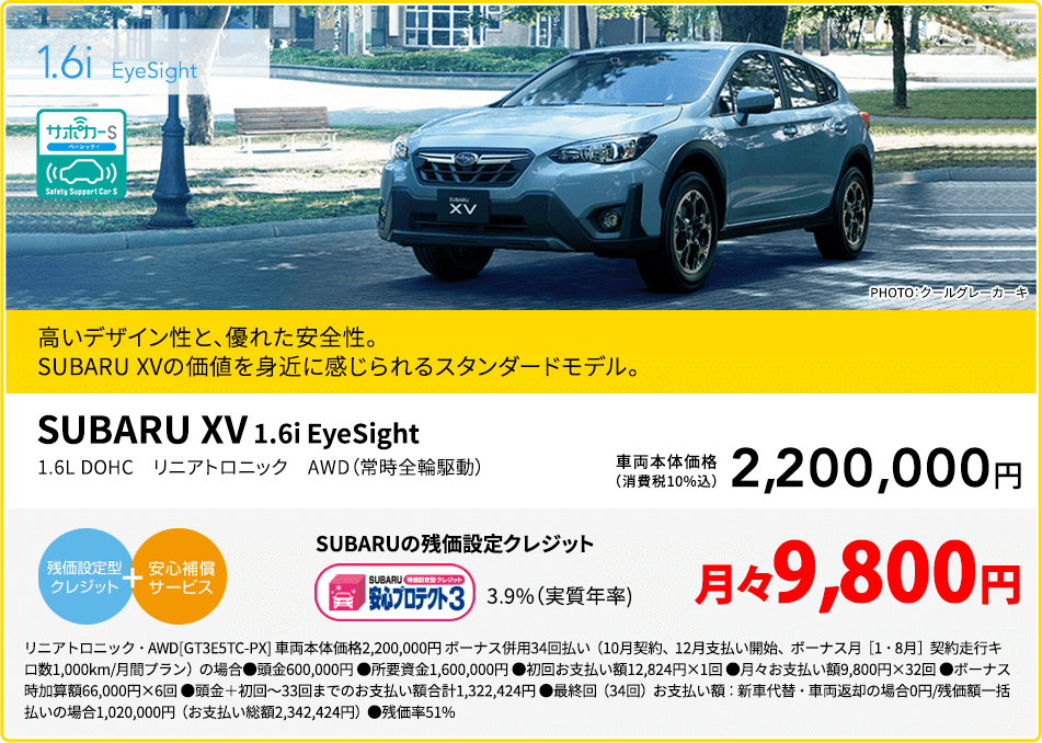 SUBARU XV 1.6i EyeSight PHOTO：クールグレーカーキ 高いデザイン性と、優れた安全性。SUBARU XVの価値を身近に感じられるスタンダードモデル。1.6L DOHC　リニアトロニック AWD（常時全輪駆動）車両本体価格（消費税10%込）2,200,000円 SUBARUの残価設定クレジット 3.9%（実質年率) 月々9,800円 リニアトロニック・AWD[GT3E5TC-PX] 車両本体価格2,200,000円 ボーナス併用34回払い（10月契約、12月支払い開始、ボーナス月［1・8月］契約走行キロ数1,000km/月間プラン）の場合●頭金600,000円 ●所要資金1,600,000円 ●初回お支払い額12,824円×1回 ●月々お支払い額9,800円×32回 ●ボーナス時加算額66,000円×6回 ●頭金＋初回～33回までのお支払い額合計1,322,424円 ●最終回（34回）お支払い額：新車代替・車両返却の場合0円/残価額一括払いの場合1,020,000円（お支払い総額2,342,424円）●残価率51%