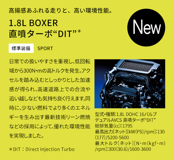 高揚感あふれる走りと、高い環境性能。1.8L BOXER 直噴ターボ“DIT”＊ 標準装備 SPORT 日常での扱いやすさを重視し、低回転域から300N・mの高トルクを発生。アクセルを踏み込むとしっかりとした加速感が得られ、高速道路上での合流や追い越しなども気持ち良く行えます。同時に、少ない燃料でより多くのエネルギーを生み出す最新技術リーン燃焼などの採用によって、優れた環境性能を実現しました。＊DIT：Direct Injection Turbo