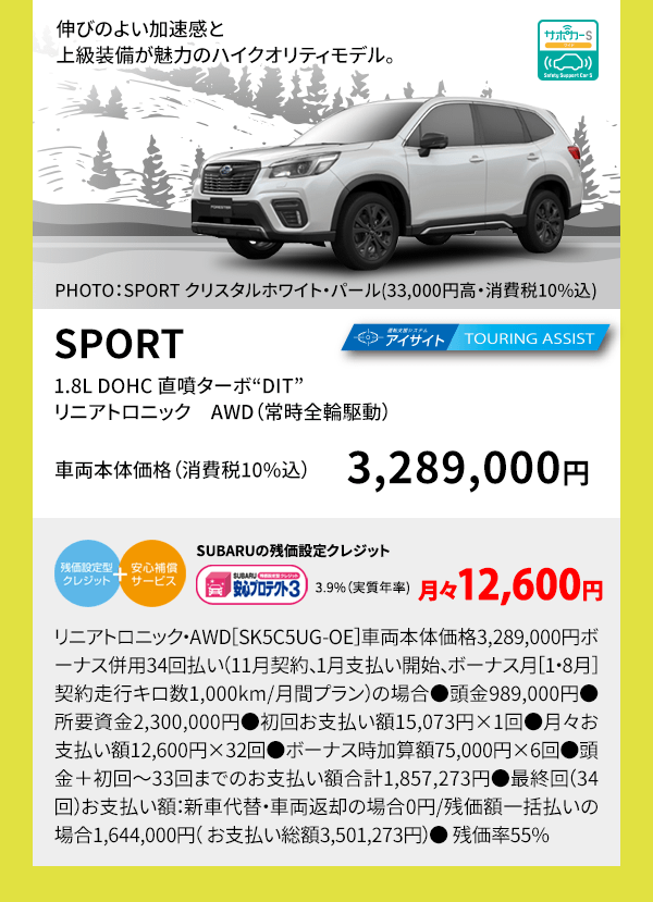 伸びのよい加速感と上級装備が魅力のハイクオリティモデル。PHOTO：SPORT クリスタルホワイト・パール(33,000円高・消費税10%込) SPORT 1.8L DOHC 直噴ターボ“DIT” リニアトロニック　AWD（常時全輪駆動） 車両本体価格（消費税10%込） 3,289,000円 SUBARUの残価設定クレジット 3.9%（実質年率) 月々12,600円 リニアトロニック・AWD［SK5C5UG-OE］車両本体価格3,289,000円ボーナス併用34回払い（11月契約、1月支払い開始、ボーナス月［1・8月］契約走行キロ数1,000km/月間プラン）の場合●頭金989,000円●所要資金2,300,000円●初回お支払い額15,073円×1回●月々お支払い額12,600円×32回●ボーナス時加算額75,000円×6回●頭金＋初回～33回までのお支払い額合計1,857,273円●最終回（34回）お支払い額：新車代替・車両返却の場合0円/残価額一括払いの場合1,644,000円（ お支払い総額3,501,273円）● 残価率55%