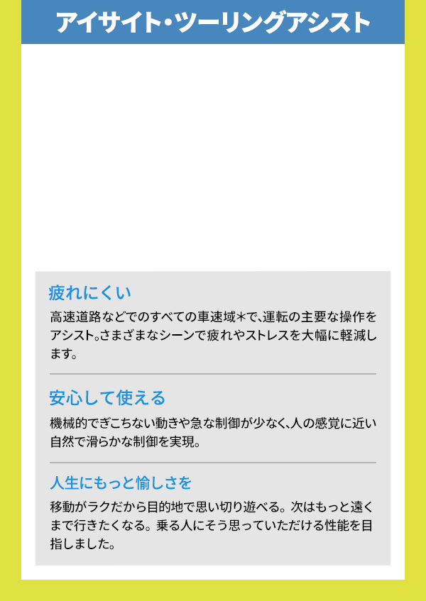 アイサイト・ツーリングアシスト 疲れにくい 高速道路などでのすべての車速域＊で、運転の主要な操作をアシスト。さまざまなシーンで疲れやストレスを大幅に軽減します。 安心して使える 機械的でぎこちない動きや急な制御が少なく、人の感覚に近い自然で滑らかな制御を実現。 人生にもっと愉しさを 移動がラクだから目的地で思い切り遊べる。次はもっと遠くまで行きたくなる。乗る人にそう思っていただける性能を目指しました。