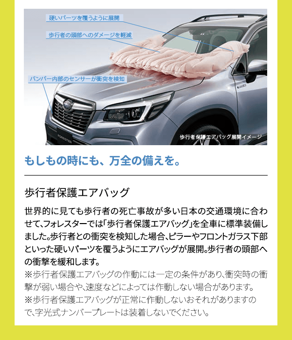 もしもの時にも、万全の備えを。歩行者保護エアバッグ世界的に見ても歩行者の死亡事故が多い日本の交通環境に合わせて、フォレスターでは「歩行者保護エアバッグ」を全車に標準装備しました。歩行者との衝突を検知した場合、ピラーやフロントガラス下部といった硬いパーツを覆うようにエアバッグが展開。歩行者の頭部への衝撃を緩和します。※歩行者保護エアバッグの作動には一定の条件があり、衝突時の衝撃が弱い場合や、速度などによっては作動しない場合があります。※歩行者保護エアバッグが正常に作動しないおそれがありますので、字光式ナンバープレートは装着しないでください。