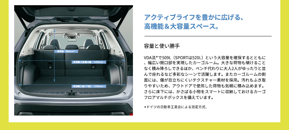 アクティブライフを豊かに広げる、高機能＆大容量スペース。容量と使い勝手VDA法*で509L（SPORTは520L）という大容量を確保するとともに、幅広い開口部を実現したカーゴルーム。大きな荷物も傾けることなく積み降ろしできるほか、ベンチ代わりに大人2人がゆったりと並んで座れるなど多彩なシーンで活躍します。またカーゴルームの側面には、傷が目立ちにくいテクスチャー素材を採用。汚れもふき取りやすいため、アウトドアで使用した荷物も気軽に積み込めます。さらに床下には、かさばる小物をスマートに収納しておけるカーゴフロアマルチボックスを備えています。*ドイツの自動車工業会による測定方式。