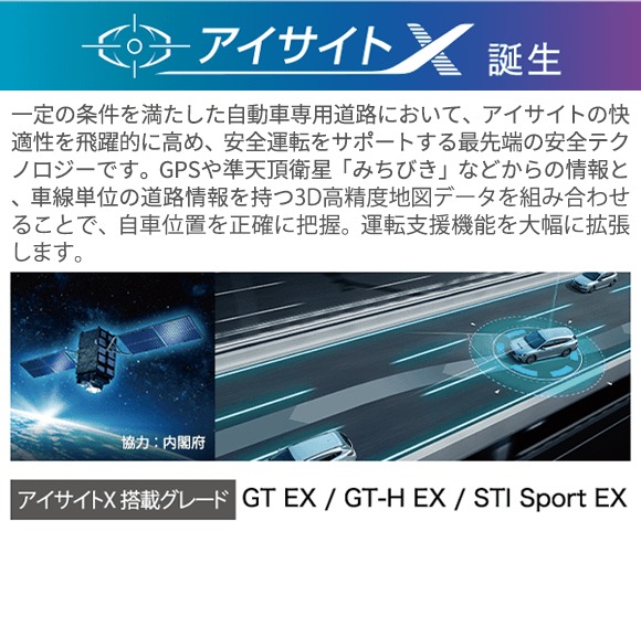 アイサイトX誕生 一定の条件を満たした自動車専用道路において、アイサイトの快適性を飛躍的に高め、安全運転をサポートする最先端の安全テクノロジーです。GPSや準天頂衛星「みちびき」などからの情報と、車線単位の道路情報を持つ3D高精度地図データを組み合わせることで、自車位置を正確に把握。運転支援機能を大幅に拡張します*1。装備・グレード GT EX / GT-H EX / STI Sport EX