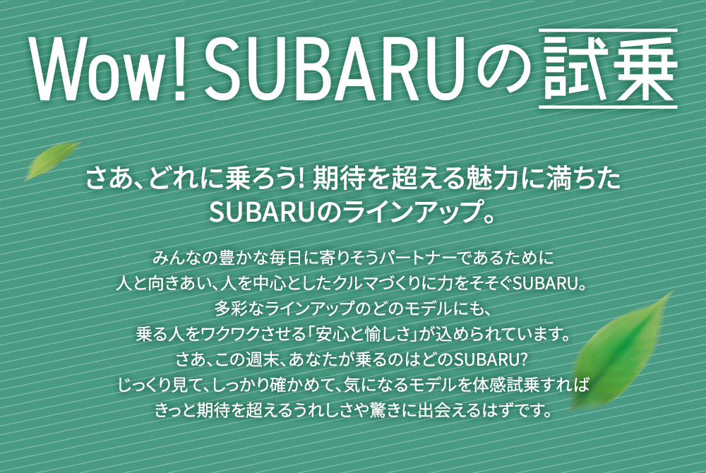 Wow! SUBARUの試乗 さあ、どれに乗ろう! 期待を超える魅力に満ちたSUBARUのラインアップ。みんなの豊かな毎日に寄りそうパートナーであるために人と向きあい、人を中心としたクルマづくりに力をそそぐSUBARU。 多彩なラインアップのどのモデルにも、乗る人をワクワクさせる「安心と愉しさ」が込められています。さあ、この週末、あなたが乗るのはどのSUBARU? じっくり見て、しっかり確かめて、気になるモデルを体感試乗すればきっと期待を超えるうれしさや驚きに出会えるはずです。