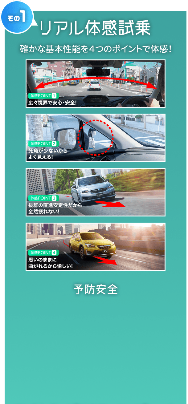 その1 リアル体感試乗 確かな基本性能を４つのポイントで体感！ 予防安全