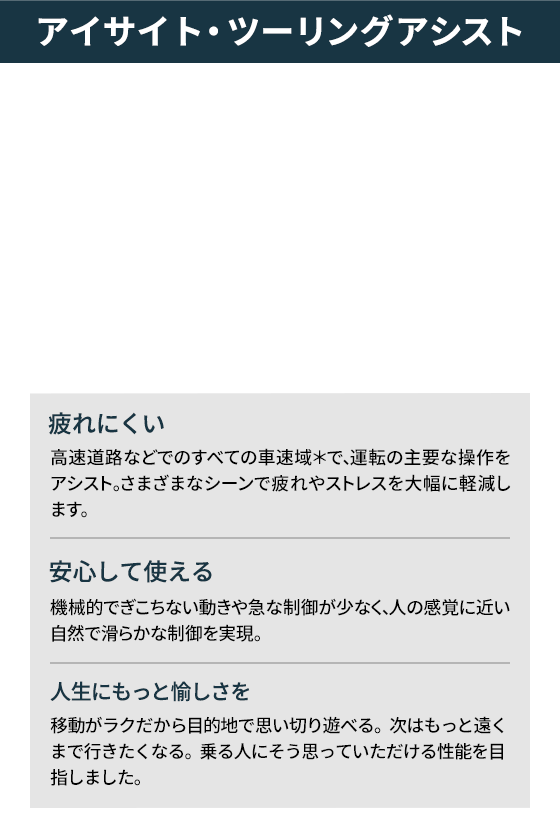 アイサイト・ツーリングアシスト 疲れにくい 高速道路などでのすべての車速域＊で、運転の主要な操作をアシスト。さまざまなシーンで疲れやストレスを大幅に軽減します。 安心して使える 機械的でぎこちない動きや急な制御が少なく、人の感覚に近い自然で滑らかな制御を実現。 人生にもっと愉しさを 移動がラクだから目的地で思い切り遊べる。次はもっと遠くまで行きたくなる。乗る人にそう思っていただける性能を目指しました。