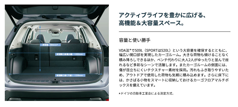 アクティブライフを豊かに広げる、高機能＆大容量スペース。容量と使い勝手VDA法*で509L（SPORTは520L）という大容量を確保するとともに、幅広い開口部を実現したカーゴルーム。大きな荷物も傾けることなく積み降ろしできるほか、ベンチ代わりに大人2人がゆったりと並んで座れるなど多彩なシーンで活躍します。またカーゴルームの側面には、傷が目立ちにくいテクスチャー素材を採用。汚れもふき取りやすいため、アウトドアで使用した荷物も気軽に積み込めます。さらに床下には、かさばる小物をスマートに収納しておけるカーゴフロアマルチボックスを備えています。