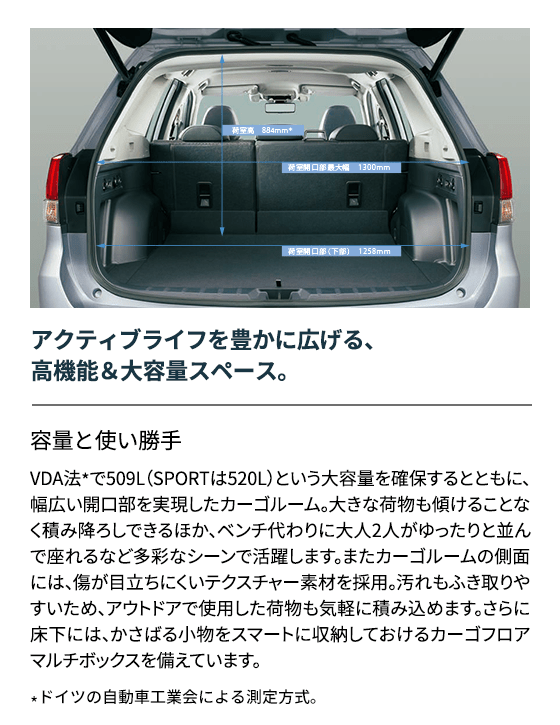 アクティブライフを豊かに広げる、高機能＆大容量スペース。容量と使い勝手VDA法*で509L（SPORTは520L）という大容量を確保するとともに、幅広い開口部を実現したカーゴルーム。大きな荷物も傾けることなく積み降ろしできるほか、ベンチ代わりに大人2人がゆったりと並んで座れるなど多彩なシーンで活躍します。またカーゴルームの側面には、傷が目立ちにくいテクスチャー素材を採用。汚れもふき取りやすいため、アウトドアで使用した荷物も気軽に積み込めます。さらに床下には、かさばる小物をスマートに収納しておけるカーゴフロアマルチボックスを備えています。