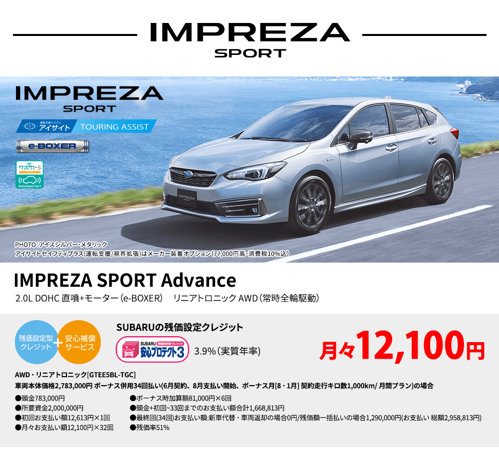 IMPREZA SPORT PHOTO：アイスシルバー・メタリック　アイサイトセイフティプラス(運転支援/視界拡張)はメーカー装着オプション（77,000円高・消費税10%込） IMPREZA SPORT Advance 2.0L DOHC 直噴+モーター（e-BOXER）　リニアトロニック AWD（常時全輪駆動） SUBARUの残価設定クレジット 3.9%（実質年率) 月々12,100円 AWD・リニアトロニック[GTEE5BL-TGC]車両本体価格2,783,000円 ボーナス併用34回払い(6月契約、8月支払い開始、ボーナス月[8・1月] 契約走行キロ数1,000km/ 月間プラン)の場合 ●頭金783,000円●所要資金2,000,000円●初回お支払い額12,613円×1回●月々お支払い額12,100円×32回 ●ボーナス時加算額81,000円×6回●頭金+初回~33回までのお支払い額合計1,668,813円●最終回(34回)お支払い額:新車代替・車両返却の場合0円/残価額一括払いの場合1,290,000円(お支払い 総額2,958,813円) ●残価率51%