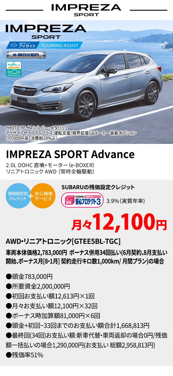 IMPREZA SPORT PHOTO：アイスシルバー・メタリック　アイサイトセイフティプラス(運転支援/視界拡張)はメーカー装着オプション（77,000円高・消費税10%込） IMPREZA SPORT Advance 2.0L DOHC 直噴+モーター（e-BOXER）　リニアトロニック AWD（常時全輪駆動） SUBARUの残価設定クレジット 3.9%（実質年率) 月々12,100円 AWD・リニアトロニック[GTEE5BL-TGC]車両本体価格2,783,000円 ボーナス併用34回払い(6月契約、8月支払い開始、ボーナス月[8・1月] 契約走行キロ数1,000km/ 月間プラン)の場合 ●頭金783,000円●所要資金2,000,000円●初回お支払い額12,613円×1回●月々お支払い額12,100円×32回 ●ボーナス時加算額81,000円×6回●頭金+初回~33回までのお支払い額合計1,668,813円●最終回(34回)お支払い額:新車代替・車両返却の場合0円/残価額一括払いの場合1,290,000円(お支払い 総額2,958,813円) ●残価率51%