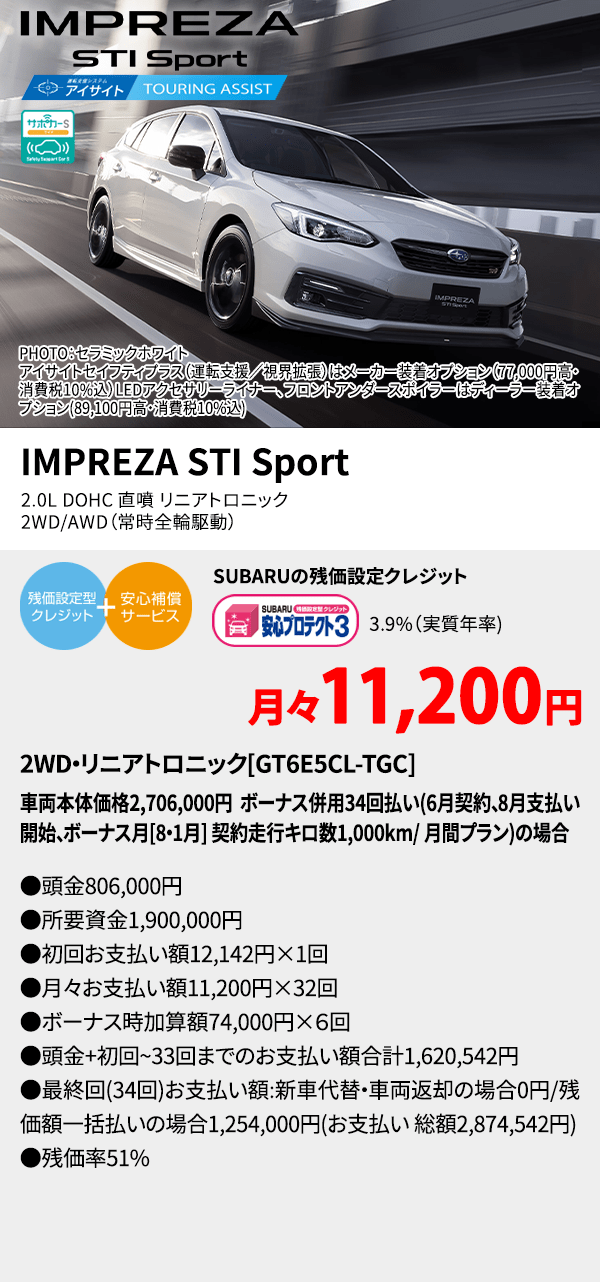 IMPREZA STI Sport PHOTO：セラミックホワイト　アイサイトセイフティプラス（運転支援／視界拡張）はメーカー装着オプション（77,000円高・消費税10%込）LEDアクセサリーライナー、フロントアンダースポイラーはディーラー装着オプション(89,100円高・消費税10%込) IMPREZA STI Sport 2.0L DOHC 直噴 リニアトロニック　2WD/AWD（常時全輪駆動） SUBARUの残価設定クレジット 3.9%（実質年率) 月々11,200円 2WD・リニアトロニック[GT6E5CL-TGC]車両本体価格2,706,000円 ボーナス併用34回払い(6月契約、8月支払い開始、ボーナス月[8・1月] 契約走行キロ数1,000km/ 月間プラン)の場合 ●頭金806,000円●所要資金1,900,000円●初回お支払い額12,142円×1回●月々お支払い額11,200円×32回 ●ボーナス時加算額74,000円×6回●頭金+初回~33回までのお支払い額合計1,620,542円●最終回(34回)お支払い額:新車代替・車両返却の場合0円/残価額一括払いの場合1,254,000円(お支払い 総額2,874,542円) ●残価率51%