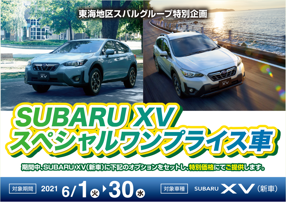 東海地区スバルグループ特別企画 SUBARU XV スペシャルワンプライス車 期間、SUBARU XV（新車）に下記のオプションをセットし、特別価格にてご提供します。