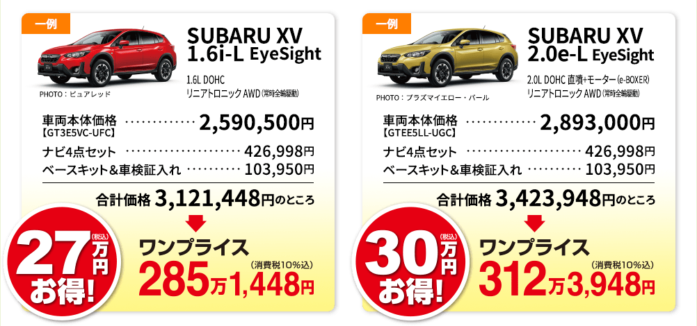 SUBARU XV 1.6i-L EyeSight 1.6i-L DOHC リニアトロニック AWD（常時全輪駆動） PHOTO：1.6i-L EyeSight ピュアレッド 車両本体価格【GT3E5VC-UFC】・・・2,590,500円 ナビ4点セット・・・426,998円 ベースキット＆車検証入れ・・・103,950 合計価格 3,121,448円のところ ワンプライス285万1,448円 SUBARU XV 2.0e-L EyeSight 2.0i-L DOHC 直噴+モーター（e-BOXER） リニアトロニック AWD（常時全輪駆動）PHOTO：2.0e-L EyeSight プラズマイエロー・パール 車両本体価格【GT3E5VC-UFC】・・・ 2,893,000円 ナビ4点セット・・・426,998円 ベースキット＆車検証入れ・・・103,950 合計価格 3,423,948円のところ ワンプライス312万3,948円