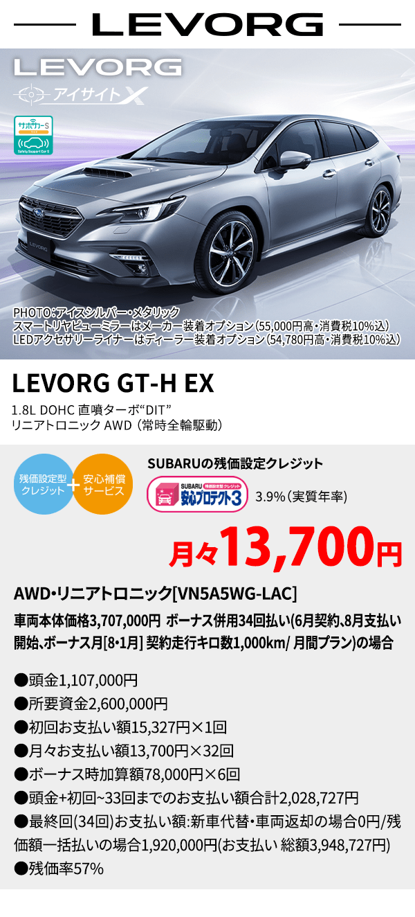 LEVORG PHOTO： アイスシルバー・メタリック　スマートリヤビューミラーはメーカー装着オプション（55,000円高・消費税10%込）LEDアクセサリーライナーはディーラー装着オプション（54,780円高・消費税10%込） LEVORG GT-H EX 1.8L DOHC 直噴ターボ“DIT” 　リニアトロニック AWD（常時全輪駆動） SUBARUの残価設定クレジット 3.9%（実質年率) 月々13,700円 AWD・リニアトロニック[VN5A5WG-LAC]車両本体価格3,707,000円 ボーナス併用34回払い(6月契約、8月支払い開始、ボーナス月[8・1月] 契約走行キロ数1,000km/ 月間プラン)の場合 ●頭金1,107,000円●所要資金2,600,000円●初回お支払い額15,327円×1回●月々お支払い額13,700円×32回 ●ボーナス時加算額78,000円×6回●頭金+初回~33回までのお支払い額合計2,028,727円●最終回(34回)お支払い額:新車代替・車両返却の場合0円/残価額一括払いの場合1,920,000円(お支払い 総額3,948,727円) ●残価率57%