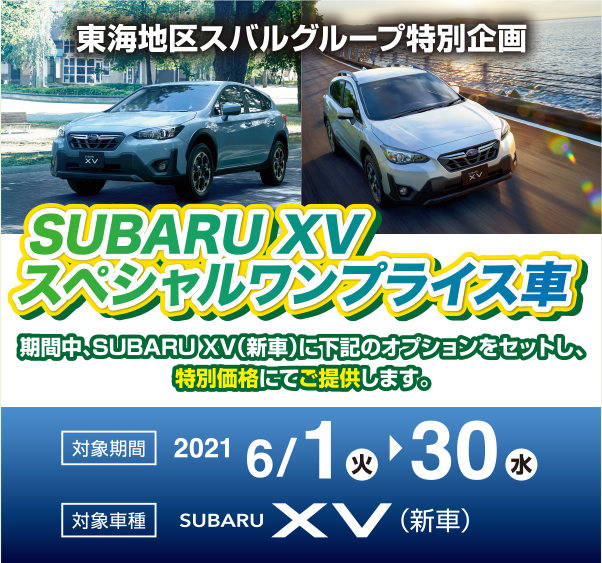 東海地区スバルグループ特別企画 SUBARU XV スペシャルワンプライス車 期間、SUBARU XV（新車）に下記のオプションをセットし、特別価格にてご提供します。