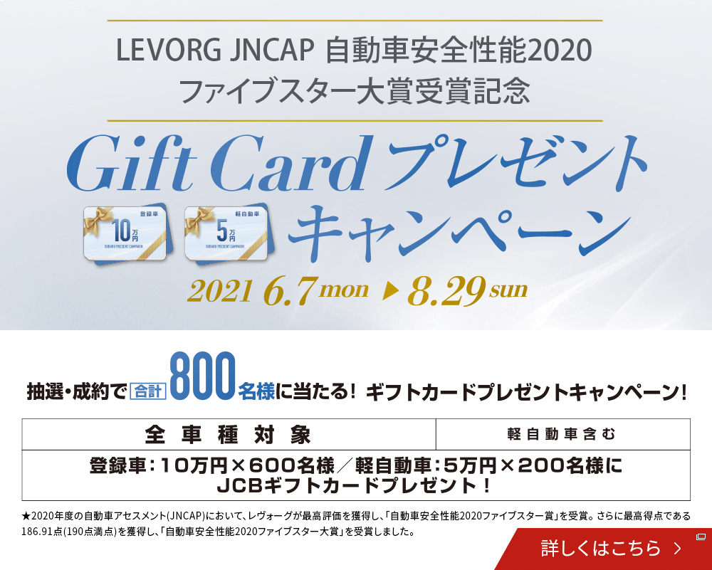 LEVORG JNCP 自動安全性能2020 ファイブスター大将受賞記念 Gift Card プレゼントキャンペーン 2021.6.7mon→8.29sun 抽選・成約で合計800明様に当たる！ギフトカードプレゼントキャンペーン！ 全車種対象 軽自動車含む 登録者：10万円×600名様/軽自動車：5万円ばつ200名様にJCB ギフトカードプレゼント!★2020年度の自動車アセスメント(JNCAP)において、レヴォーグが最高評価を獲得し、「自動車安全性能2020ファイブスター賞」を受賞。 さらに最高得点である186.91点(190点満点)を獲得し、「自動車安全性能2020ファイブスター大賞」を受賞しました。詳しくはこちら 