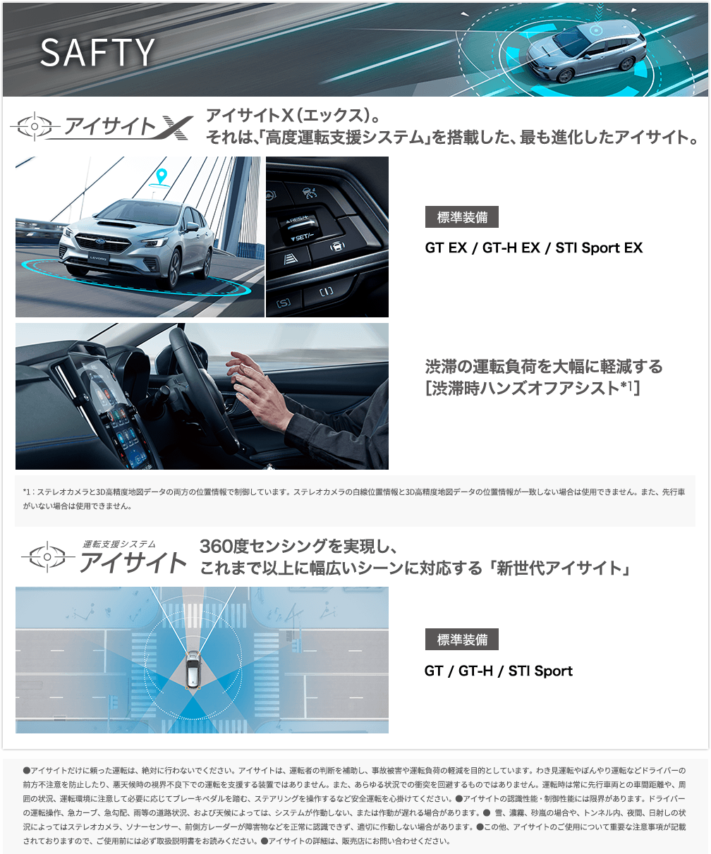 SAFTY アイサイトX（エックス）。それは、「高度運転支援システム」を搭載した、最も進化したアイサイト。標準装備 GT EX / GT-H EX / STI Sport EX 渋滞の運転負荷を大幅に軽減する［渋滞時ハンズオフアシスト*1］ *1：ステレオカメラと3D高精度地図データの両方の位置情報で制御しています。ステレオカメラの白線位置情報と3D高精度地図データの位置情報が一致しない場合は使用できません。