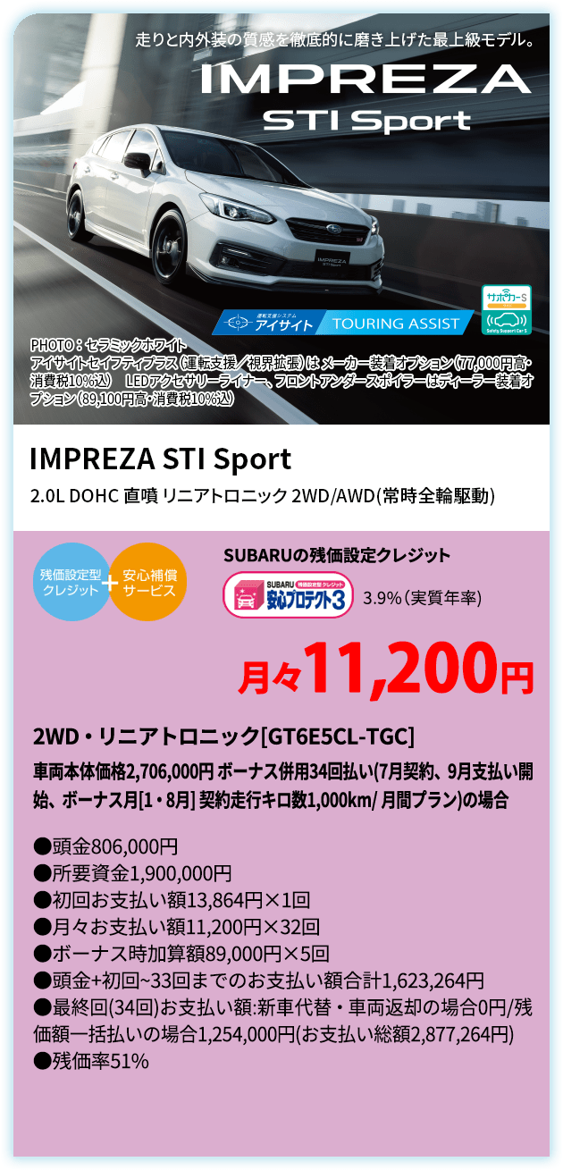 IMPREZA SPORT PHOTO：アイスシルバー・メタリック　アイサイトセイフティプラス(運転支援/視界拡張)はメーカー装着オプション（77,000円高・消費税10%込） IMPREZA SPORT Advance 2.0L DOHC 直噴+モーター（e-BOXER）　リニアトロニック AWD（常時全輪駆動） SUBARUの残価設定クレジット 3.9%（実質年率) 月々12,100円 AWD・リニアトロニック[GTEE5BL-TGC]車両本体価格2,783,000円 ボーナス併用34回払い(6月契約、8月支払い開始、ボーナス月[8・1月] 契約走行キロ数1,000km/ 月間プラン)の場合 ●頭金783,000円●所要資金2,000,000円●初回お支払い額12,613円×1回●月々お支払い額12,100円×32回 ●ボーナス時加算額81,000円×6回●頭金+初回~33回までのお支払い額合計1,668,813円●最終回(34回)お支払い額:新車代替・車両返却の場合0円/残価額一括払いの場合1,290,000円(お支払い 総額2,958,813円) ●残価率51%