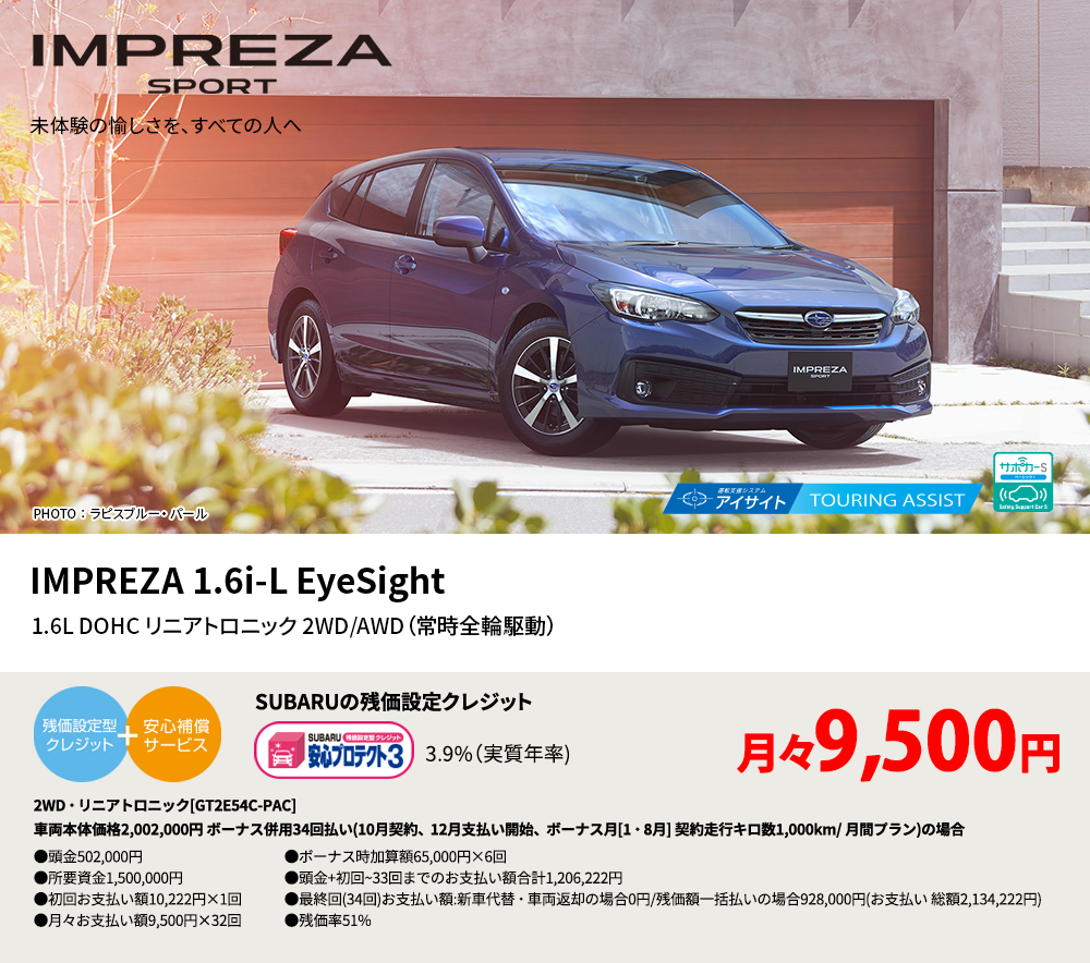 先進の安全テクノロジーと充実装備を備えたスタンダードモデル。PHOTO ： ラピスブルー・ パール IMPREZA 1.6i-L EyeSight 1.6L DOHC 2WD/AWD（常時全輪駆動）リニアトロニック SUBARUの残価設定クレジット 3.9%（実質年率) 月々9,400円 2WD・リニアトロニック[GT2E54C-PAC]車両本体価格2,002,000円 ボーナス併用34回払い(9月契約、11月支払い開始、ボーナス月[1・8月] 契約走行キロ数1,000km/ 月間プラン)の場合●頭金502,000円●所要資金1,500,000円●初回お支払い額10,795円×1回●月々お支払い額9,400円×32回●ボーナス時加算額78,000円×5回●頭金+初回~33回までのお支払い額合計1,203,595円●最終回(34回)お支払い額:新車代替・車両返却の場合0円/残価額一括払いの場合928,000円(お支払い 総額2,131,595円) ●残価率51%