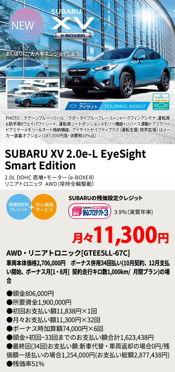 よくばりに、大人をエンジョイしよう。 PHOTO ： ラグーンブルー・パール　ラダータイプルーフレール+シャークフィンアンテナ、運転席&助手席8ウェイパワーシート、 運転席シートポジションメモリー機能+リバース連動ドアミラー+ドアミラーメモリー&オート格納機能、 アイサイトセイフティプラス（運転支援/視界拡張）はメーカー装着オプション（187,000円高・消費税10%込） SUBARU XV 2.0e-L EyeSight Smart Edition 2.0L DOHC 直噴+モーター（e-BOXER） リニアトロニック  AWD（常時全輪駆動） SUBARUの残価設定クレジット 3.9%（実質年率) 月々11,100円 AWD・リニアトロニック[GTEE5LL-67C]車両本体価格2,706,000円 ボーナス併用34回払い(9月契約、11月支払い開始、ボーナス月[1・8月] 契約走行キロ数1,000km/ 月間プラン)の場合 ●頭金806,000円●所要資金1,900,000円●初回お支払い額14,150円×1回●月々お支払い額11,100円×32回 ●ボーナス時加算額89,000円×5回●頭金+初回~33回までのお支払い額合計1,620,350円●最終回(34回)お支払い額:新車代替・車両返却の場合0円/残価額一括払いの場合1,254,000円(お支払い 総額2,874,350円) ●残価率51%