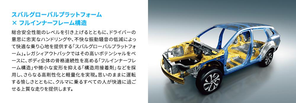 スバルグローバルプラットフォーム × フルインナーフレーム構造 総合安全性能のレベルを引き上げるとともに、ドライバーの意思に忠実なハンドリングや、不快な振動騒音の低減によって快適な乗り心地を提供する「スバルグローバルプラットフォーム」。レガシィアウトバックではその高いポテンシャルをベースに、ボディ全体の骨格連続性を高める「フルインナーフレーム構造」や微小な変形を抑える「構造用接着剤」などを採用し、さらなる高剛性化と軽量化を実現。思いのままに運転する愉しさとともに、クルマに乗るすべての人が快適に過ごせる上質な走りを提供します。
