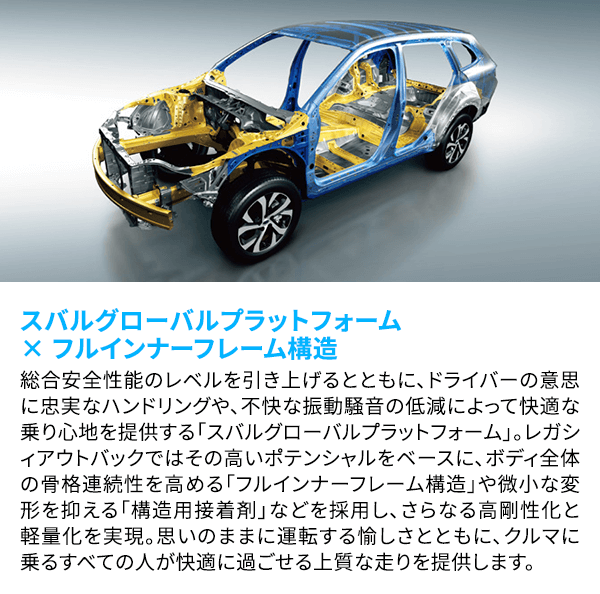 スバルグローバルプラットフォーム × フルインナーフレーム構造 総合安全性能のレベルを引き上げるとともに、ドライバーの意思に忠実なハンドリングや、不快な振動騒音の低減によって快適な乗り心地を提供する「スバルグローバルプラットフォーム」。レガシィアウトバックではその高いポテンシャルをベースに、ボディ全体の骨格連続性を高める「フルインナーフレーム構造」や微小な変形を抑える「構造用接着剤」などを採用し、さらなる高剛性化と軽量化を実現。思いのままに運転する愉しさとともに、クルマに乗るすべての人が快適に過ごせる上質な走りを提供します。