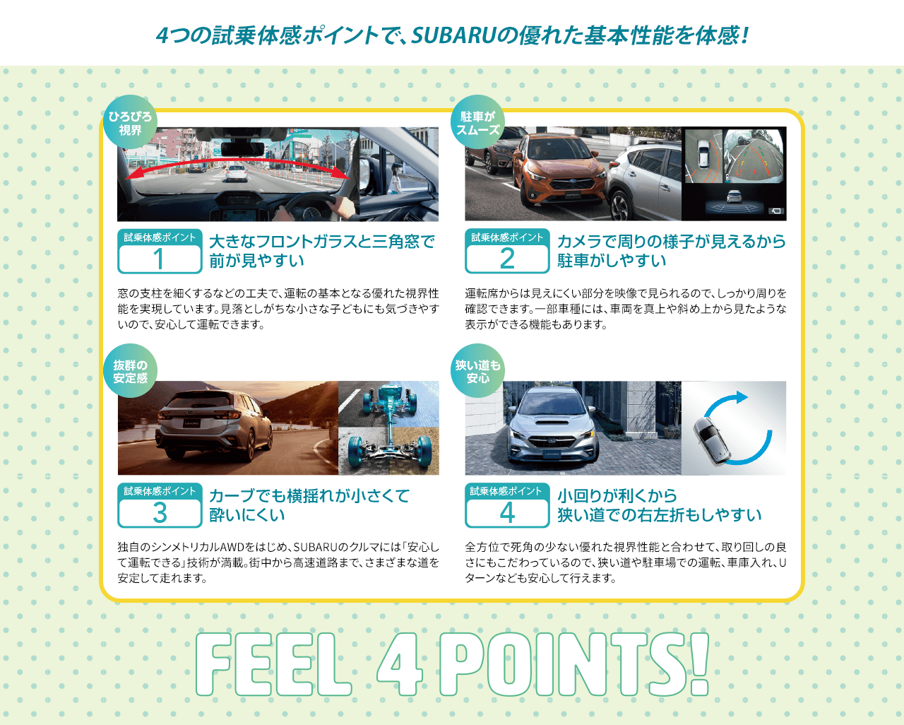 4つの試乗体感ポイントで、SUBARUの優れた基本性能を体感！point1:大きなフロントガラスと三角窓で 前が見やすいpont2:カメラで周りの様子が見えるから 駐車がしやすいpoint3:カーブでも横揺れが小さくて 酔いにくいpoint4小回りが利くから 狭い道での右左折もしやすい