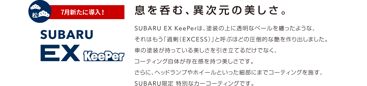 息を呑む、異次元の美しさ。SUBARU EX KeePerは、塗装の上に透明なベールを纏ったような、それはもう「過剰（EXCESS）」と呼ばれるほどの圧倒的な艶を作り出しました。車の塗装が持っている美しさを引き立てるだけでなく、コーティング自体が存在感を持つ美しさです。さらに、ヘッドランプやホイールといった細部にまでコーティングを施す、SUBARU限定特別なカーコーティングです。6年間光沢保証  ヘッドランプ、ホイールのコーティングは1年保証です。※効果、持続期間は目安です。あらゆる実車状態・使用状況での効果・持続期間の確認はしておりません。