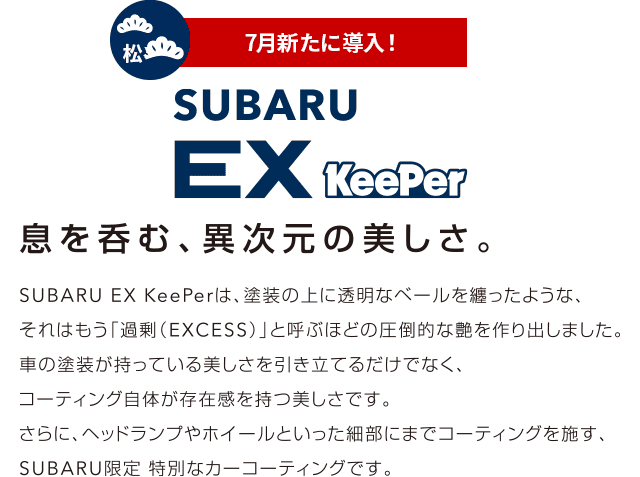 息を呑む、異次元の美しさ。SUBARU EX KeePerは、塗装の上に透明なベールを纏ったような、それはもう「過剰（EXCESS）」と呼ばれるほどの圧倒的な艶を作り出しました。車の塗装が持っている美しさを引き立てるだけでなく、コーティング自体が存在感を持つ美しさです。さらに、ヘッドランプやホイールといった細部にまでコーティングを施す、SUBARU限定特別なカーコーティングです。6年間光沢保証  ヘッドランプ、ホイールのコーティングは1年保証です。※効果、持続期間は目安です。あらゆる実車状態・使用状況での効果・持続期間の確認はしておりません。