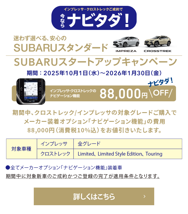 ナビタダ！迷わず選べる、安心のSUBARUスタンダード SUBARUスタートアップキャンペーン【期間：2025年10月1日（水）~2026年1月30日（金）】インプレッサ・クロストレックのナビゲーション機能88,000円OFF 期間中、クロストレック/インプレッサの対象グレードご購入でメーカー装着オプション「ナビゲーション機能」の費用88,000円（消費税10％込）をお値引きいたします。【対象車種】インプレッサ：全グレード クロストレック：Limited、Limited Style Eition、Touring ●全てメーカーオプション「ナビゲーション機能」装着車 ※期間中に対象新車のご成約かつご登録の完了が適用条件となります。詳しくはこちら