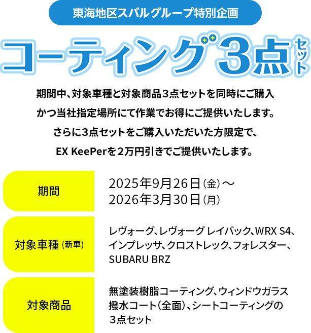 東海地区スバルグループ特別企画 コーティング3点セット 期間中、対象車種と対象商品3点セットを同時にご購入かつ当社指定場所にて作業でお得にご提供いたします。さらに3点セットをご購入いただいた方限定で、EX KeePerを2万円引きでご提供いたします。【期間】2025年9月26日（金）~2026年3月30日（月）【対象車種（新車）】レヴォーグ、レヴォーグレイバック、WRX S4、インプレッサ、クロストレック、フォレスター、SUBARU BRZ【対象商品】無塗装樹脂コーティング、ウィンドウガラス撥水コート（全面）、シートコーティングの3点セット