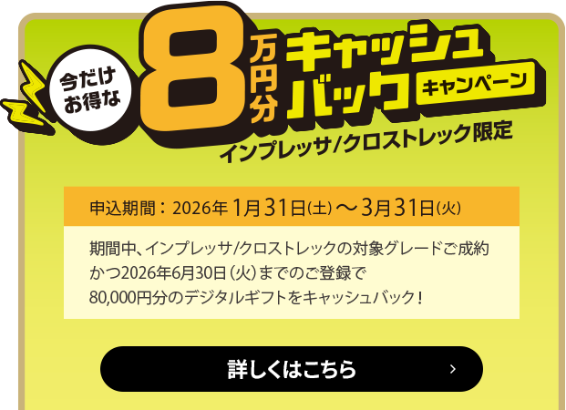 今だけお得な8万円キャッシュバックキャンペーン インプレッサ/クロストレック限定 申込期間：2026年1月31日（土）～3月31日（火）期間中、インプレッサ/クロストレックの対象グレードご成約かつ2026年6月30日（火）までのご登録で、80,000円分のデジタルギフトをキャッシュバック！詳しくはこちら