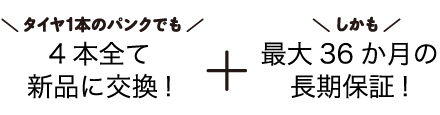 タイヤ1本のパンクでも4本全て新品に交換！＋しかも最大36か月の長期保証！
